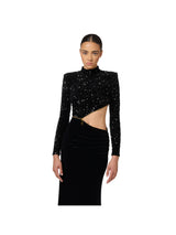 Elisabetta Franchi abito red carpet in ciniglia ricamata con pailettes con cut