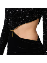Elisabetta Franchi abito red carpet in ciniglia ricamata con pailettes con cut