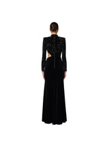 Elisabetta Franchi abito red carpet in ciniglia ricamata con pailettes con cut