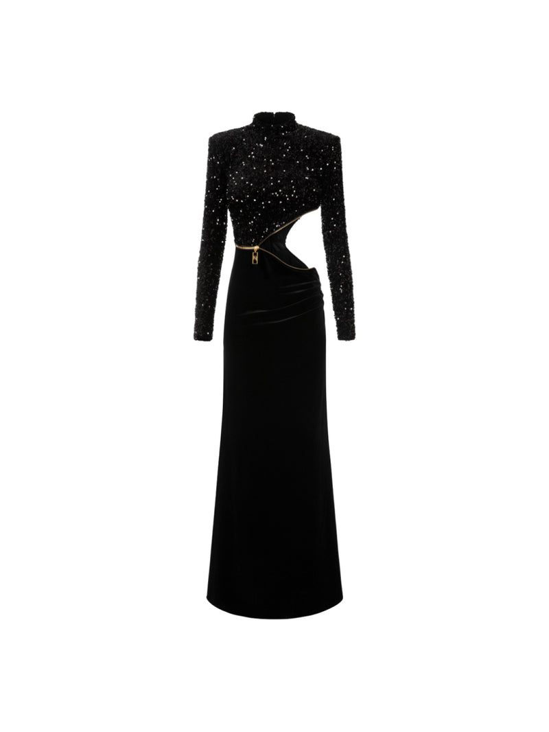 Elisabetta Franchi abito red carpet in ciniglia ricamata con pailettes con cut