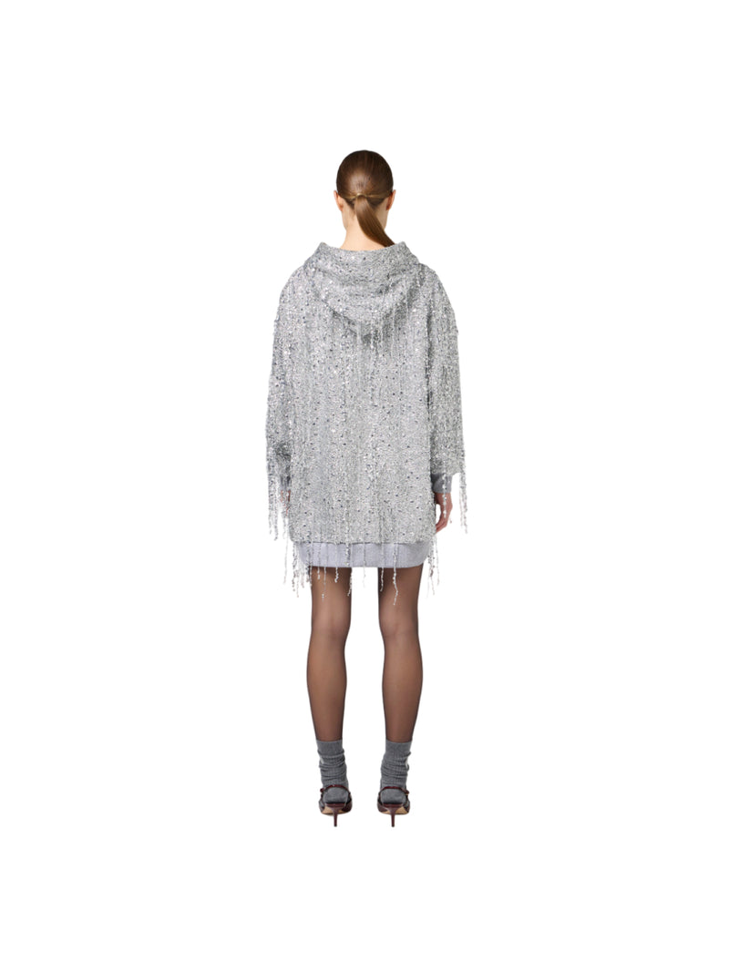 Elisabetta Franchi mini abito in felpa con cappuccio e frange di paillettes