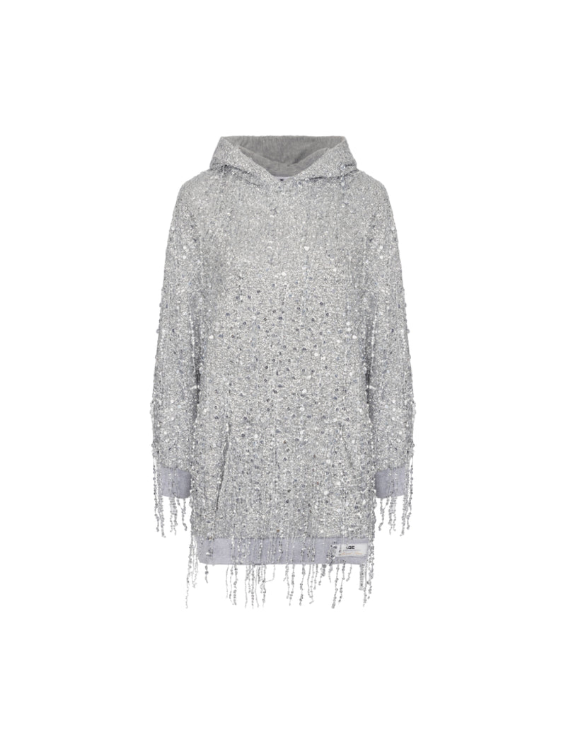 Elisabetta Franchi mini abito in felpa con cappuccio e frange di paillettes