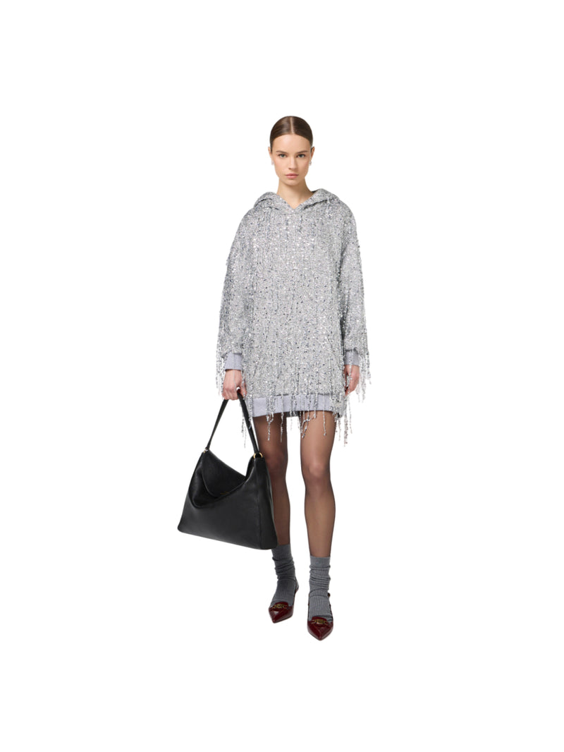 Elisabetta Franchi mini abito in felpa con cappuccio e frange di paillettes