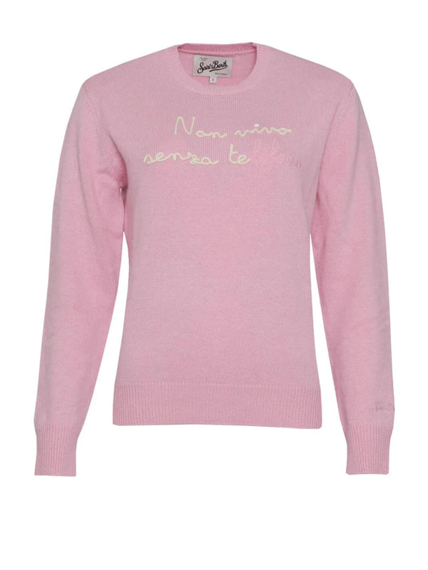 MC2 Saint Barth maglione New Queen in misto cashmere rosa con ricamo Non vivo senza Te