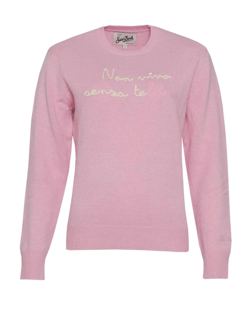 MC2 Saint Barth maglione New Queen in misto cashmere rosa con ricamo Non vivo senza Te