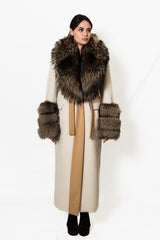 YES LONDON Cappotto gesso da donna con dettagli in vera pelliccia di volpe