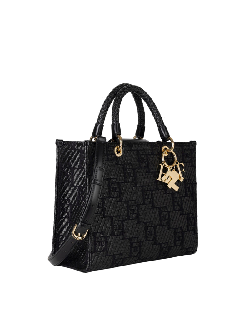 Elisabetta Franchi borsa shopper media in rafia jacquard con charms