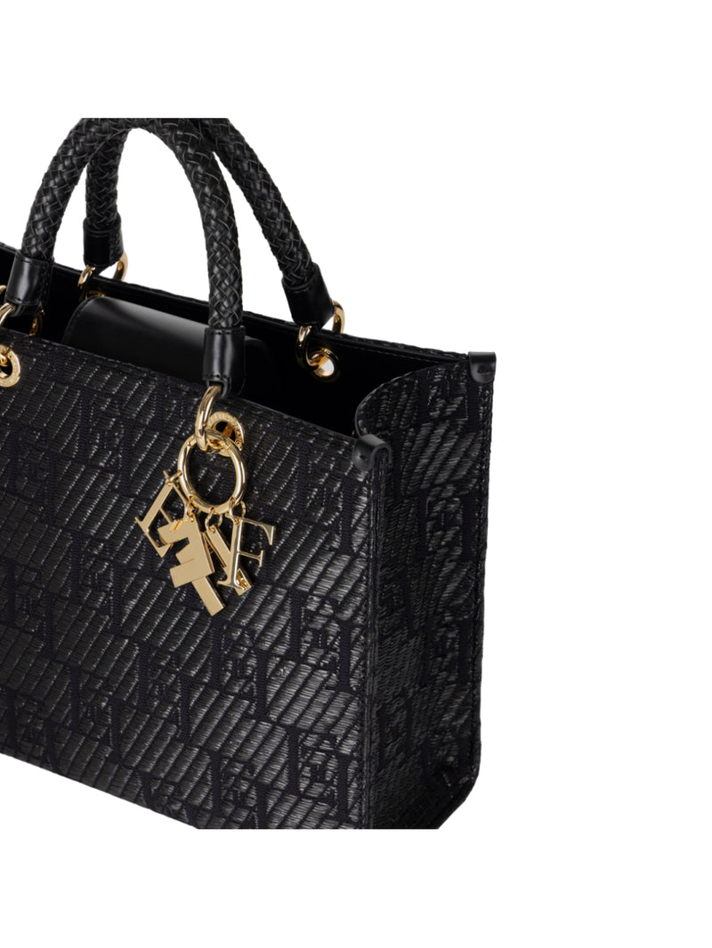Elisabetta Franchi borsa shopper media in rafia jacquard con charms
