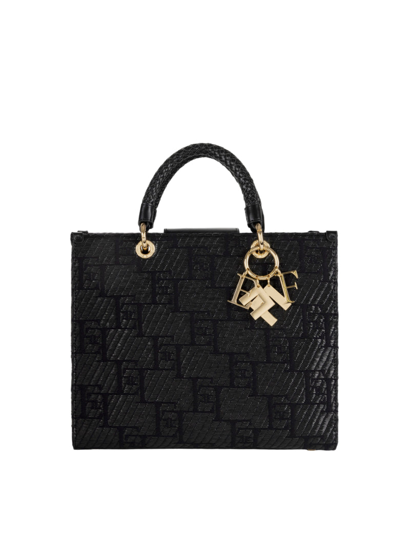 Elisabetta Franchi borsa shopper media in rafia jacquard con charms