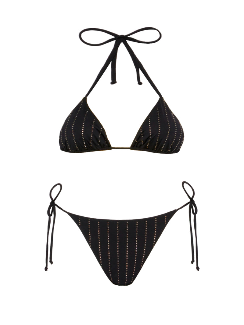 MC2 Saint Barth Leah top a triangolo nero con applicazioni di strass a righe