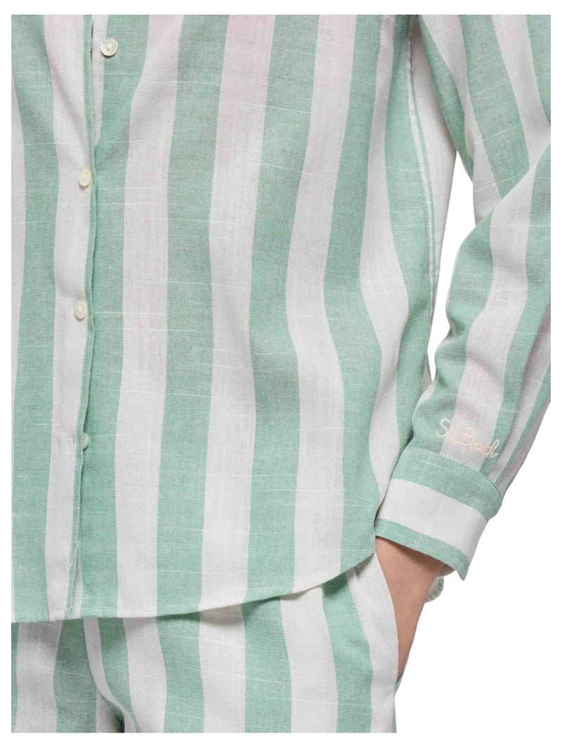 MC2 Saint Barthj camicia classica in lino Meredith con stampa a righe verde salvia
