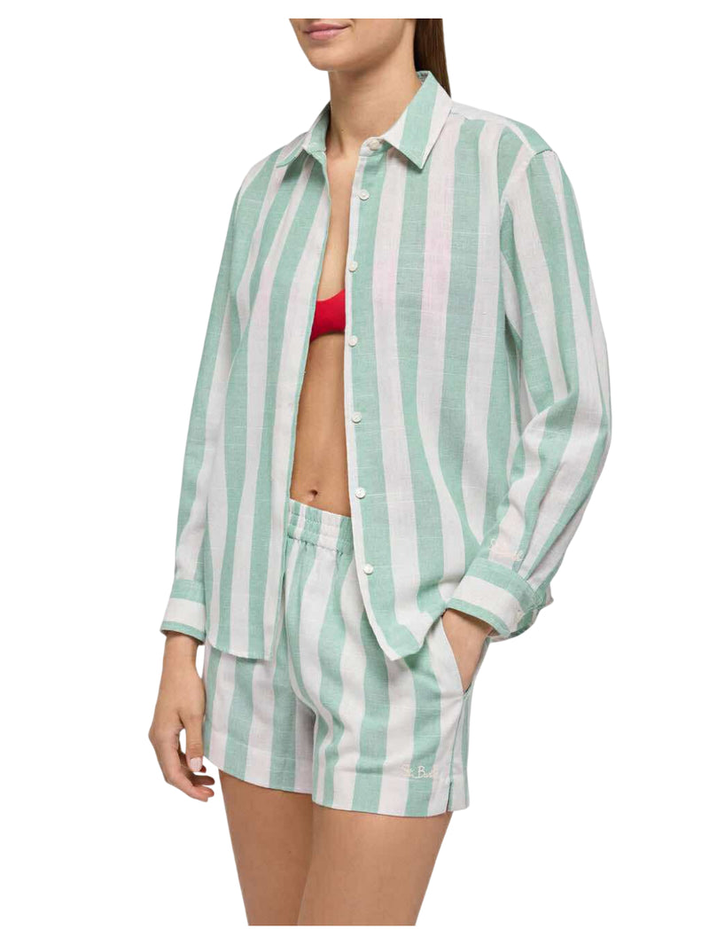 MC2 Saint Barthj camicia classica in lino Meredith con stampa a righe verde salvia