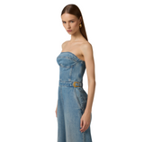 Tuta bustier in denim con fibbie