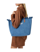 Borsa City regular in tessuto denim con frange