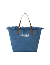Borsa City regular in tessuto denim con frange