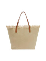 Borsa City regular in canvas beige con frange