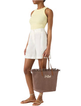 Borsa City regular in canvas marrone con frange