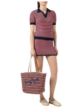 Borsa Tote Crochet a righe blu e rosse con logo ricamato