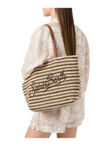 Borsa Tote Crochet a righe beige e marroni con logo ricamato
