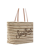 Borsa Tote Crochet a righe beige e marroni con logo ricamato
