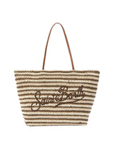 Borsa Tote Crochet a righe beige e marroni con logo ricamato
